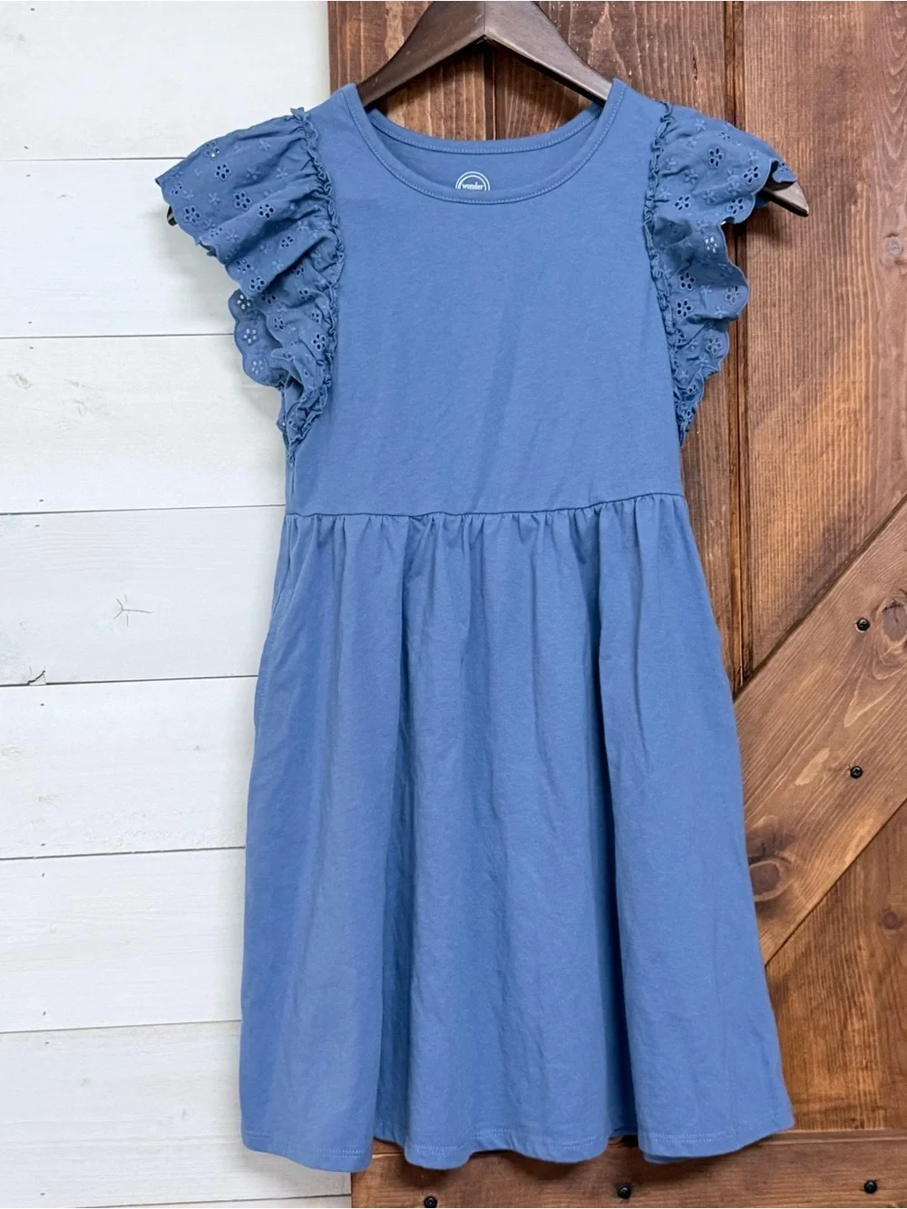 Wonder Nation Blue Eyelet Ruffle Sleeve Cotton Dress Girls Size 7/8